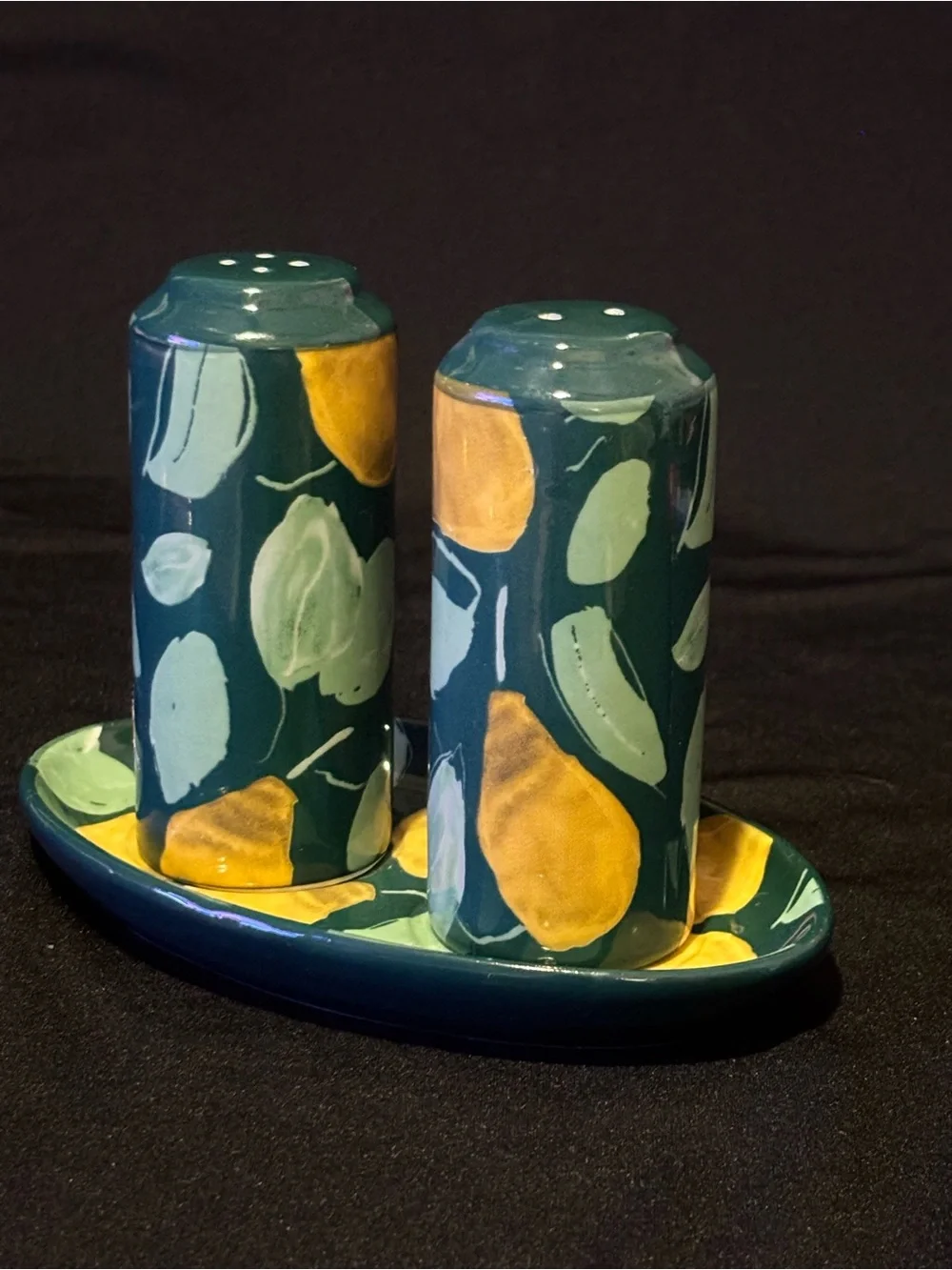 Anthropologie Holly and Pear Salt & Pepper Shakers with Underplate. Ceramic